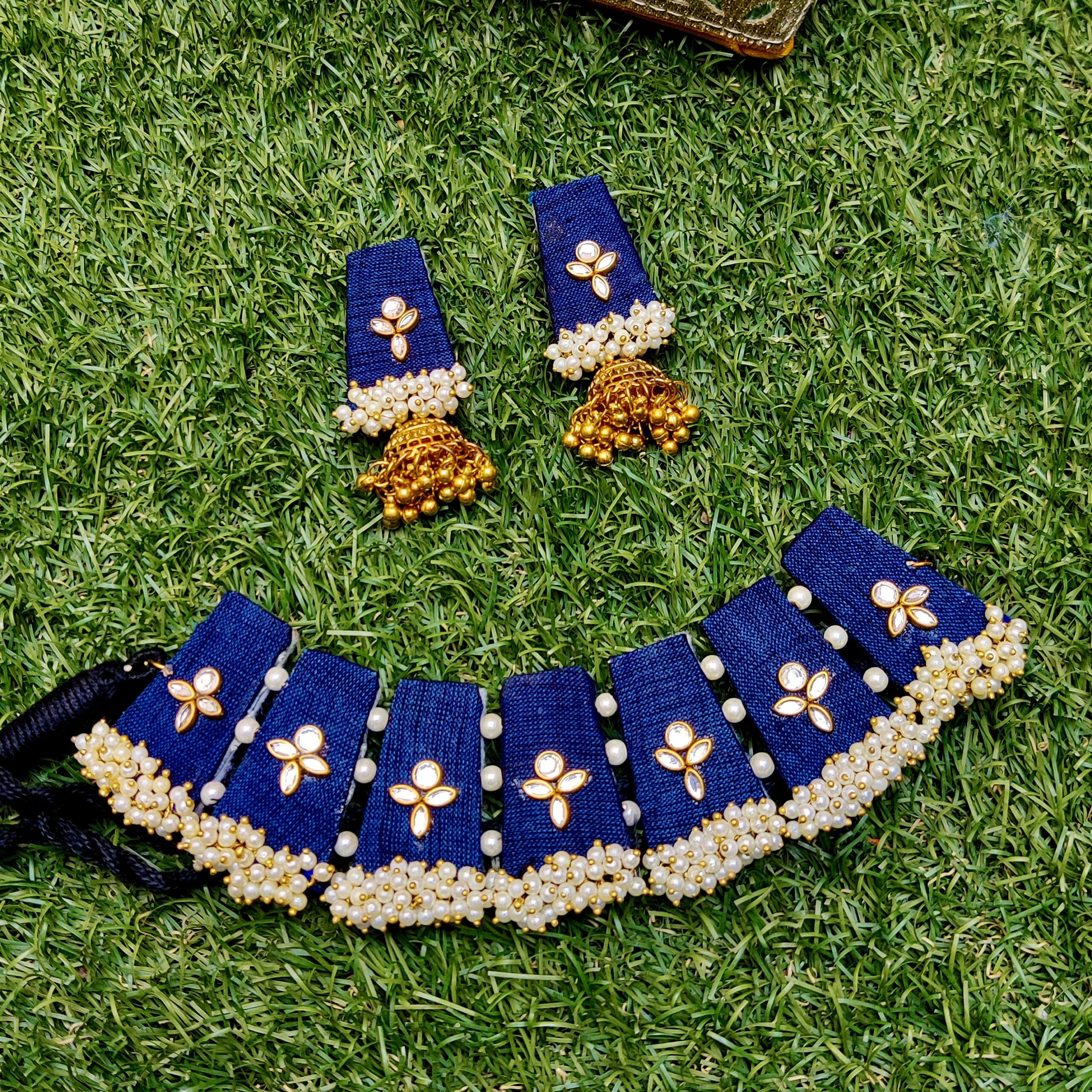 Blue Fabric Kundan Pearl Choker Set