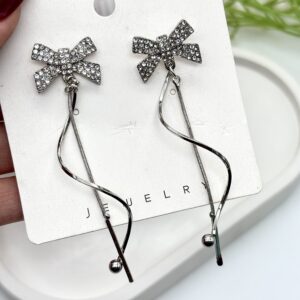 Korean Bow Silver Curve Tassle Drops
