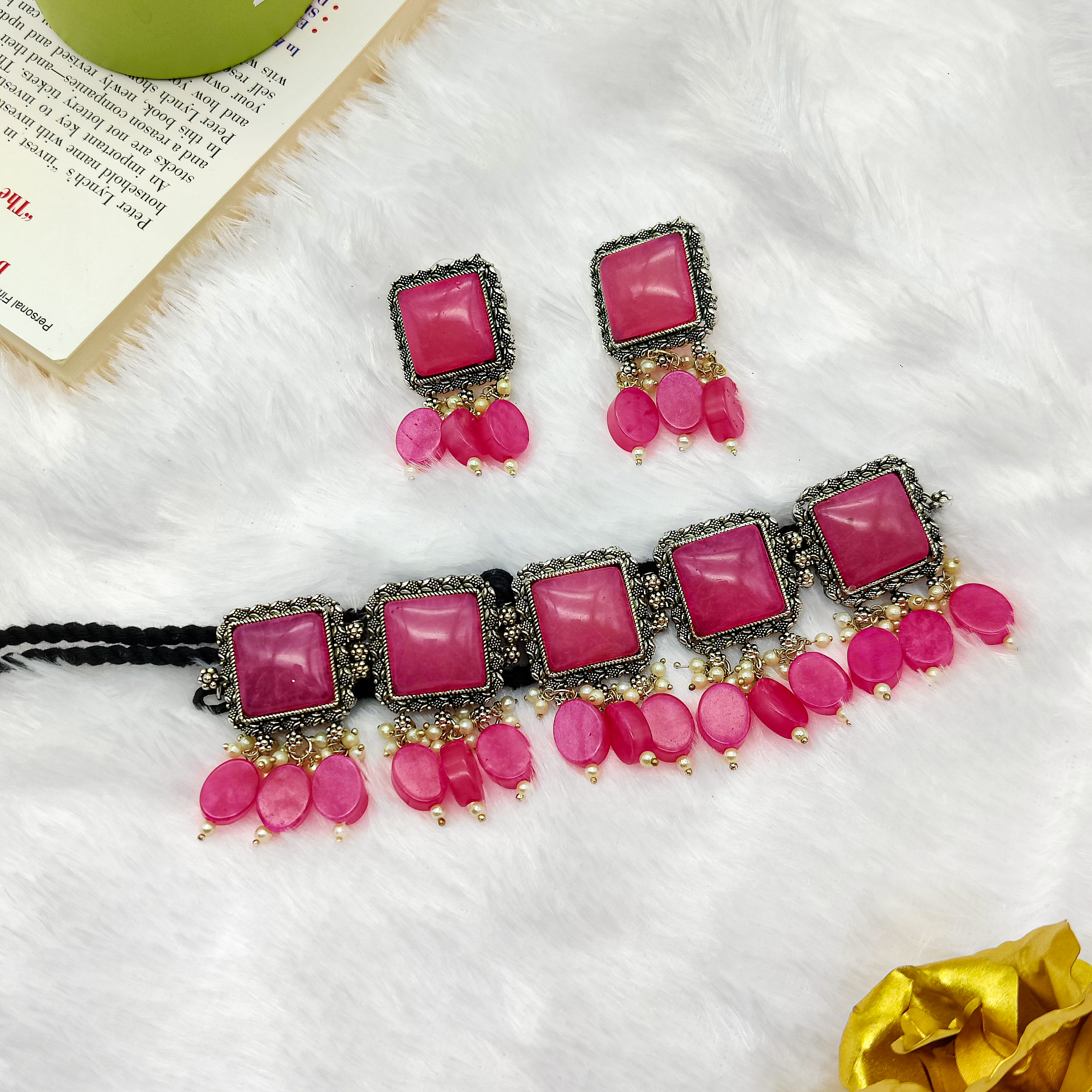 Pink square Drop Necklace set